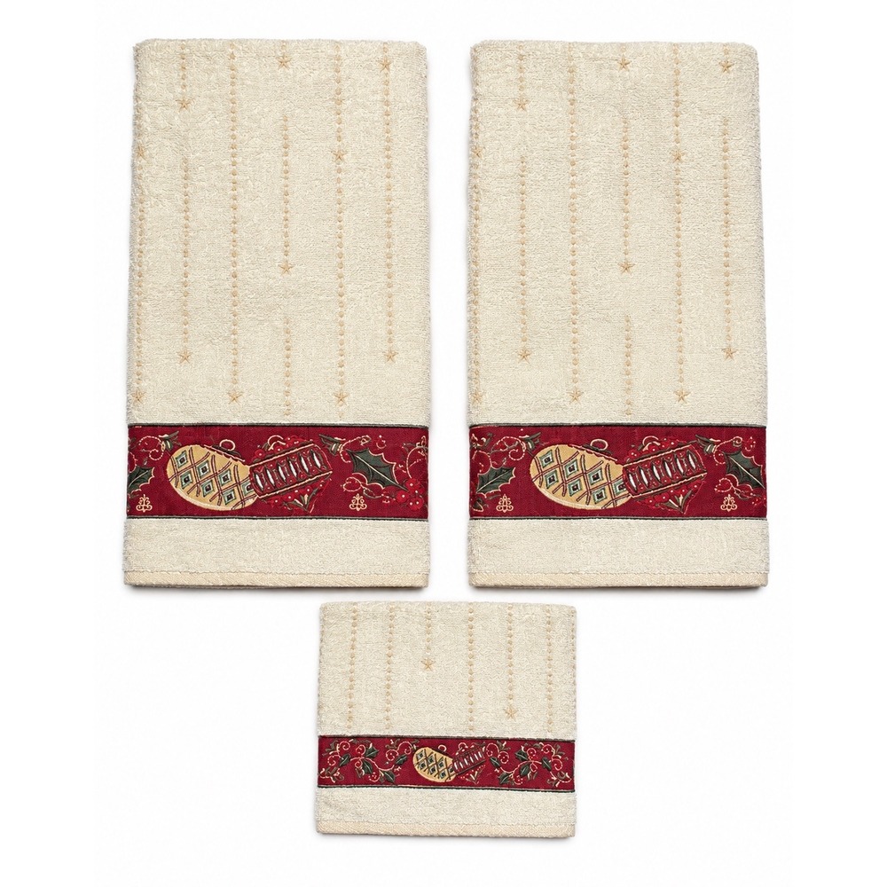 Lenox Holiday Christmas Towel Set 3pc Cream Red Ornament Stars Bath Washcloth
